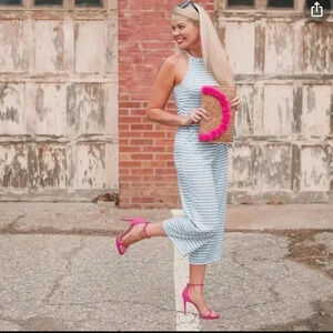 Pretty Garden Women’s Striped Blue/White Wide Leg Cropped Jumpsuit SZ S